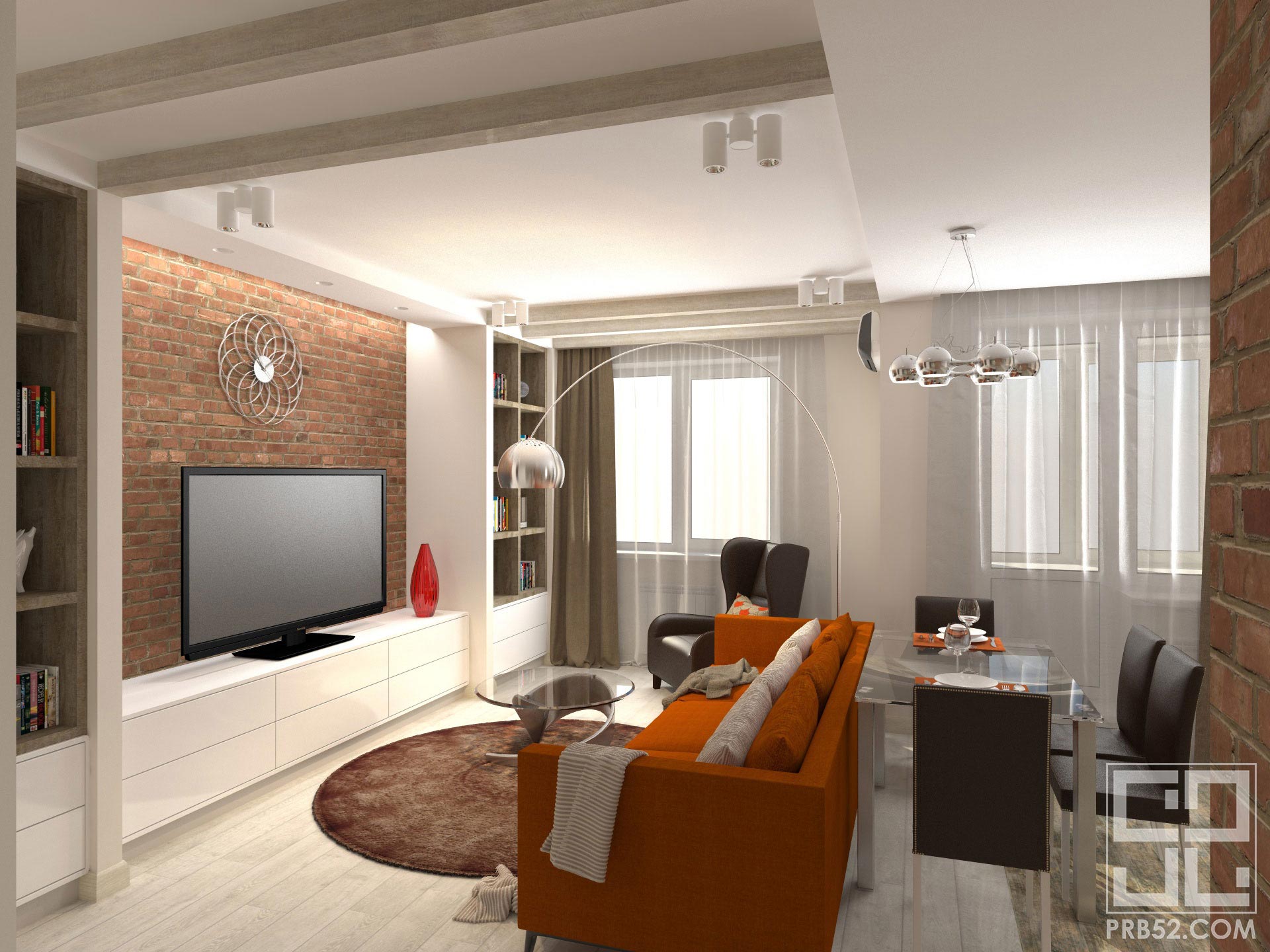 дизайн интерьера гостиной с ярким диваном