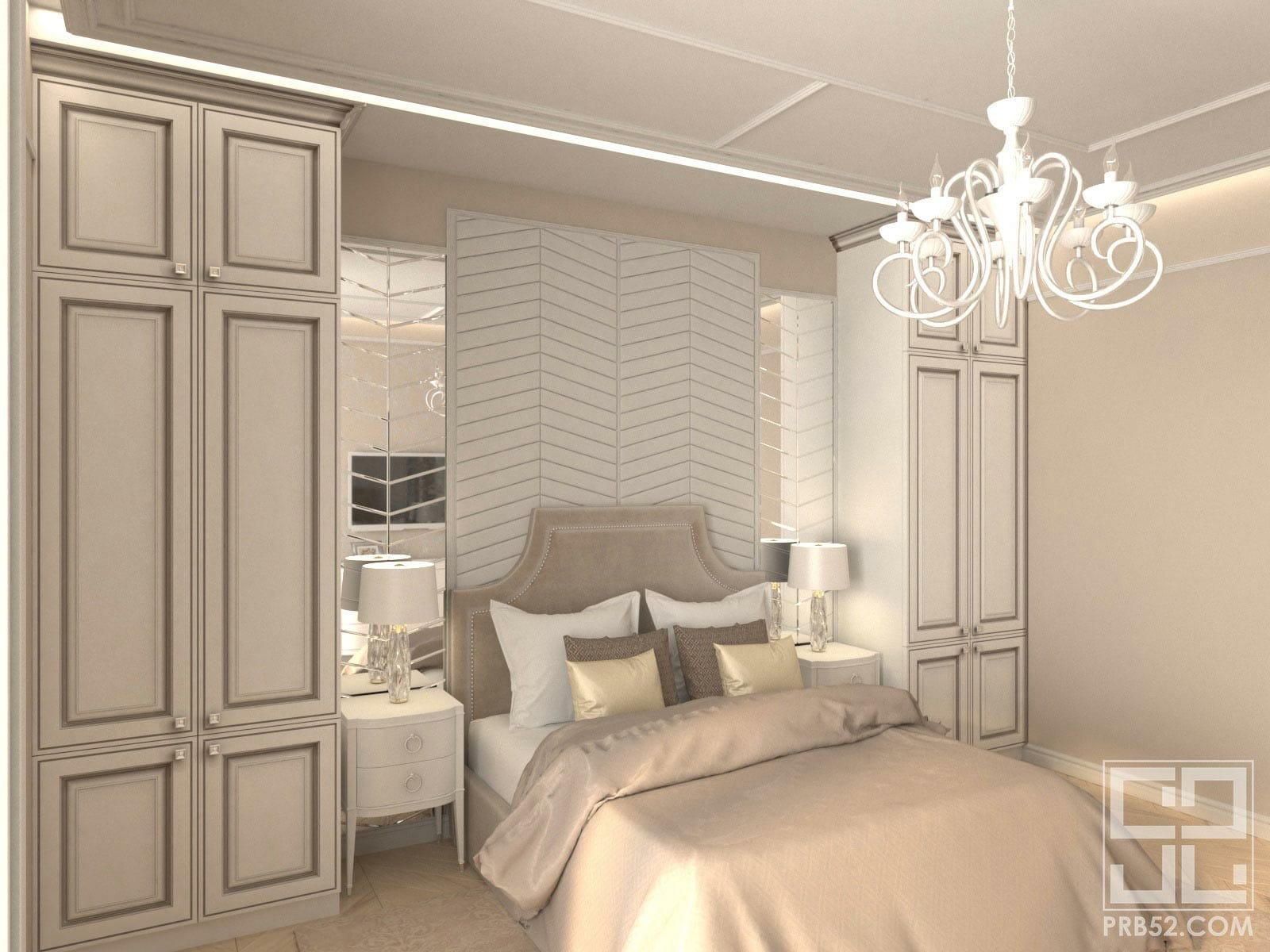 дизайн интерьера спальни в классическом стиле с большим изголовьем